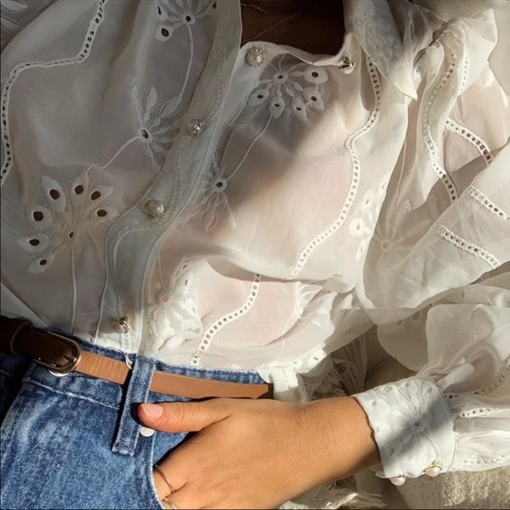 Boho embroidered eyelet button up Blouse White - Picture 8 of 11
